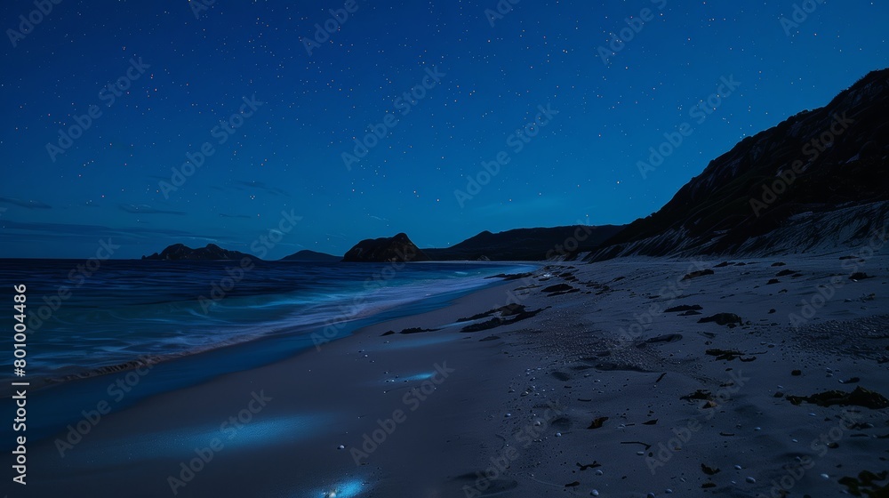 A remote beach where the sand glows under the night sky, due to natural phosphorescence. 