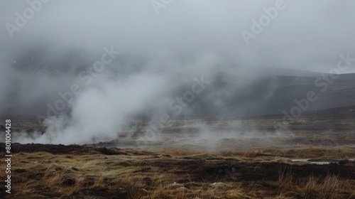 A highland moor where naturally occurring steam vents create a constant mist, shrouding the area in mystery. 
