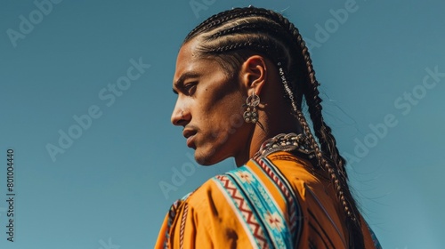 A man with dreadlocks and gold earrings stands in front of a blue sky photo