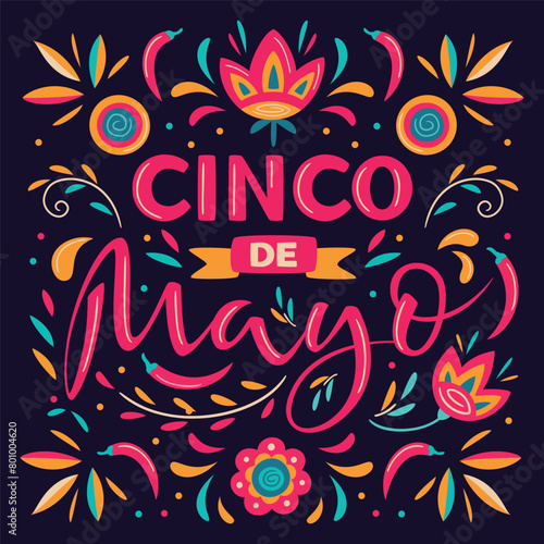 Cinco de Mayo, May 5, federal holiday in Mexico. Fiesta vector square banner design with Mexican floral traditional elements. Ornate folk graphic. Lettering ornamental sign for poster, greeting card