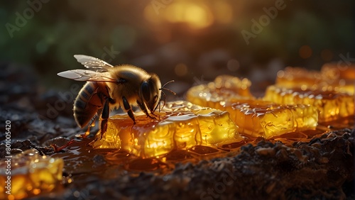Honeybees Producing Fresh Honey on a Golden Honeycomb, World Bee Day