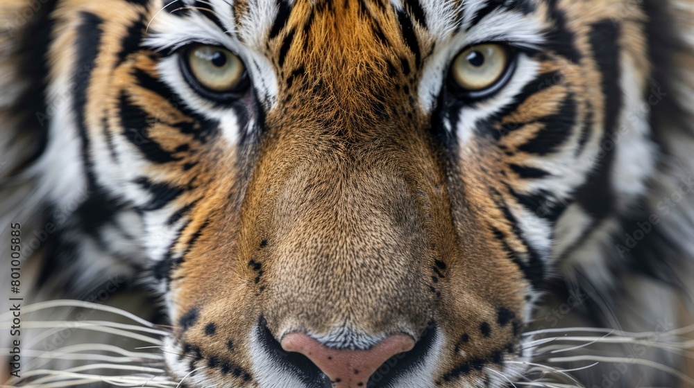 Vivid close-up of an Amur tiger's face, highlighting the intricate details of its whiskers and intense eyes in natural light