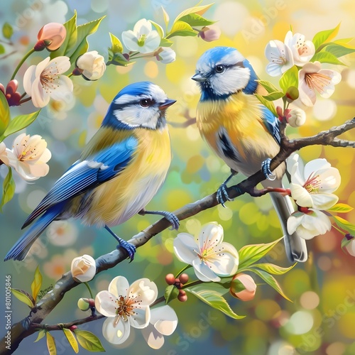 blue tits on cherry tree branch in spring garden, nature background with little birds