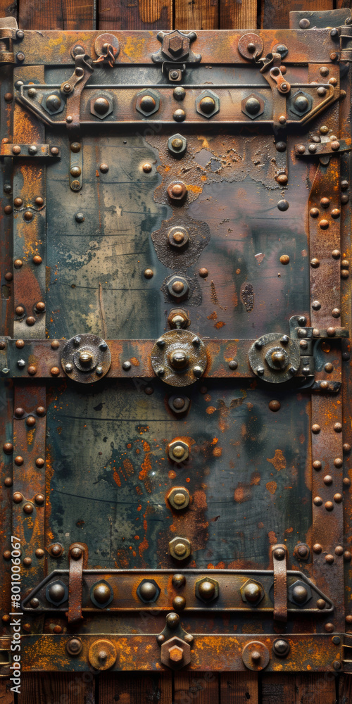A rusted metal door with many screws and bolts. The door is old and worn, with a sense of history and nostalgia