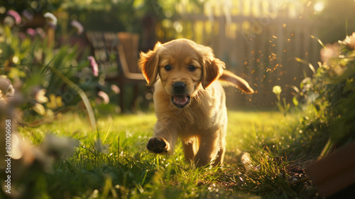 A Golden Retriever puppy playfully chasing its tail in a sunlit garden. 