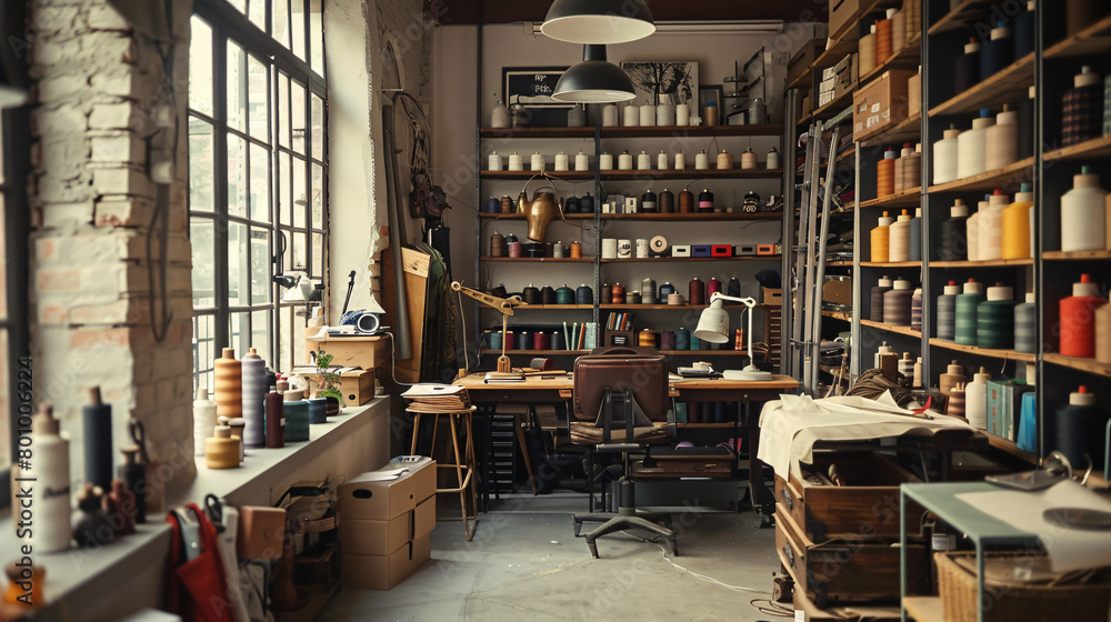 Interior of atelier with tailors workplace thread spoo