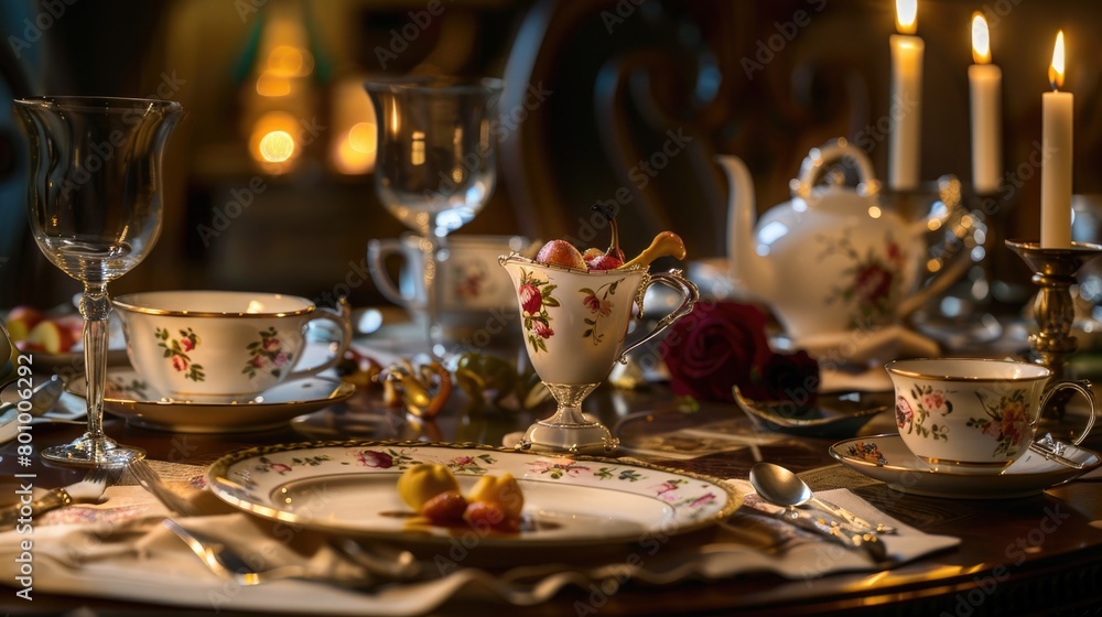 A table with a fancy dinner set up with a vase of roses and candles