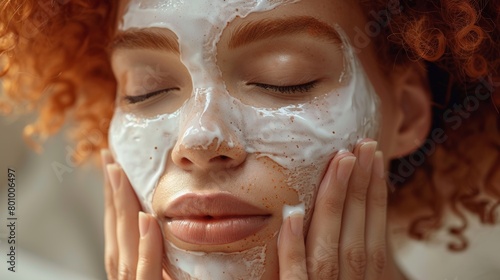 Close-up of a radiant woman applying a sheet mask to her face  indulging in a hydrating treatment for soft and supple skin.