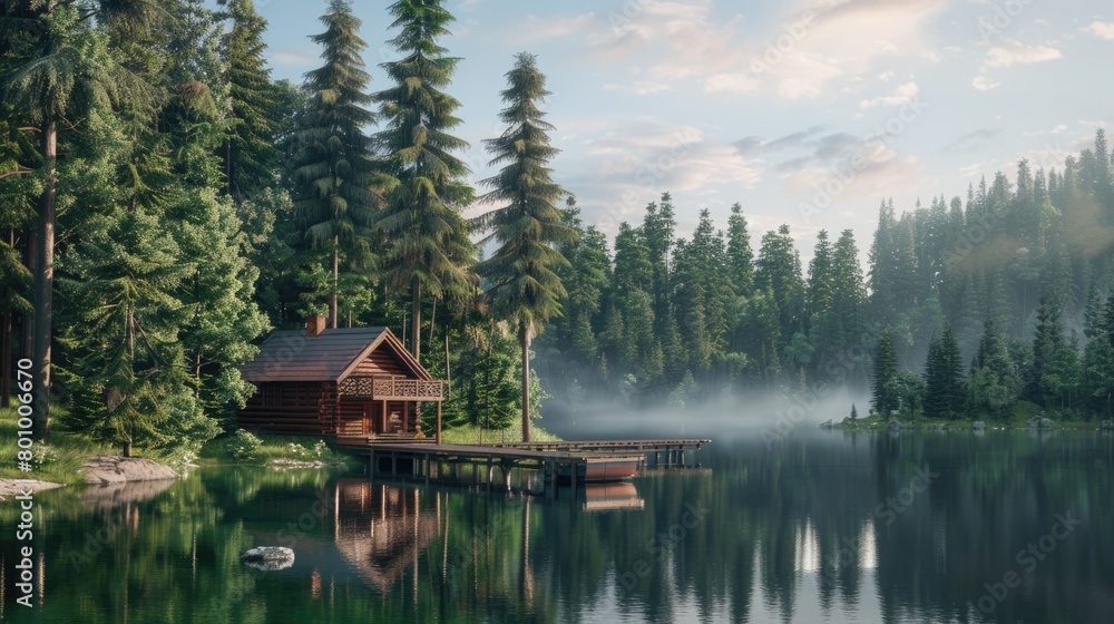 Obraz premium A cabin is situated on a lake with a dock and a boat