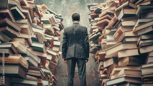 Concept of a businessman with books piled high around him, emphasizing the importance of acquiring wisdom and knowledge to excel in the world of business.