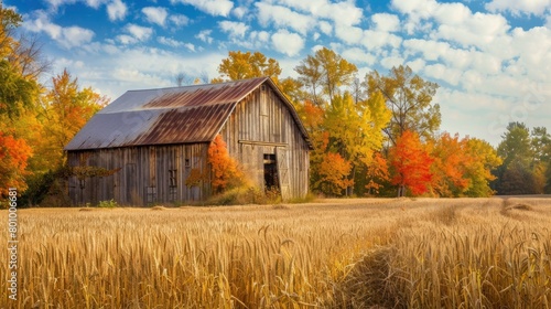A rustic barn sits in a field of golden wheat