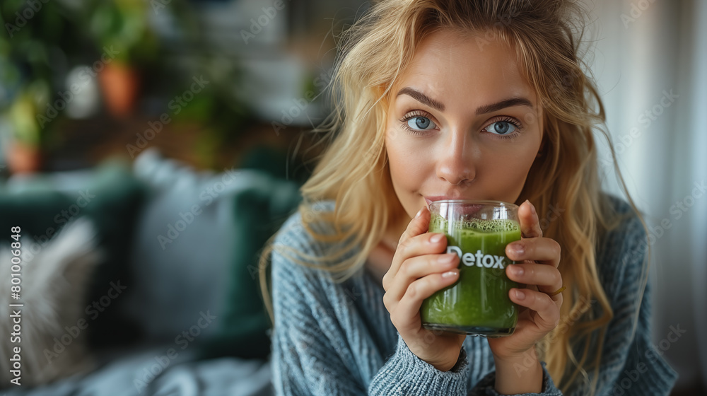 Beautiful young woman drinking green smoothie at home, closeup Beautiful young woman drinking green smoothie at home, closeup