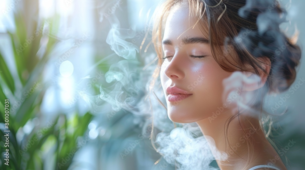 Beautiful woman using a facial steamer, enjoying the hydrating benefits and spa-like experience of at-home skincare.