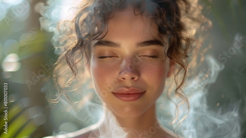 Beautiful woman using a facial steamer, enjoying the hydrating benefits and spa-like experience of at-home skincare.