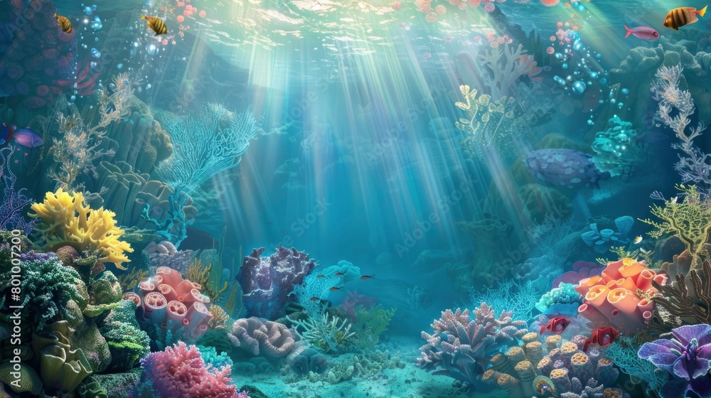 Fototapeta premium A colorful underwater scene with a variety of fish and beautiful coral in the ocean sea.