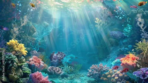 A colorful underwater scene with a variety of fish and beautiful coral in the ocean sea. © Moon Story