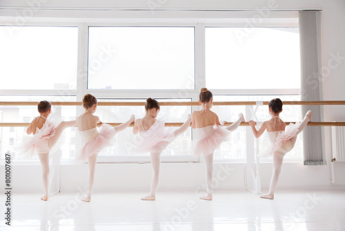 Rear view of group of little girls, ballet dancers in tutus practicing, stretching on barre at light dance studio. Classical ballet school. Concept of art, sport, education, hobby, active lifestyle. photo