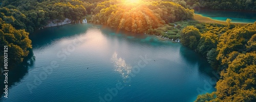 Aerial view of Plitvice National Park in Croatia at sunset. © Sanych
