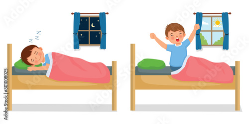 Cute little boy sleeping in the bed at night and wake up in the morning