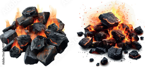 Glowing coals. Burning coal closeup flaming mineral for grill bbg, hot charcoal briquette danger burnt photo
