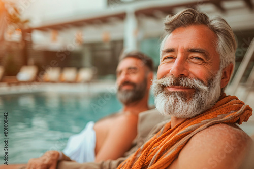 A joyful older man with a grey beard smiling warmly, wrapped in an orange towel by a swimming pool photo