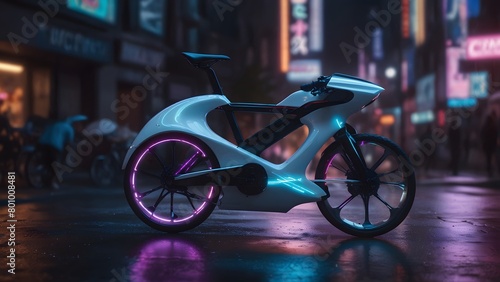 Futuristic bicycle with glowing wheels and a holographic display panel riding through a cityscape