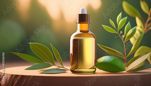Natural cosmetic serum, skincare blank bottle packaging with leaves herb on wooden table, green blur background 