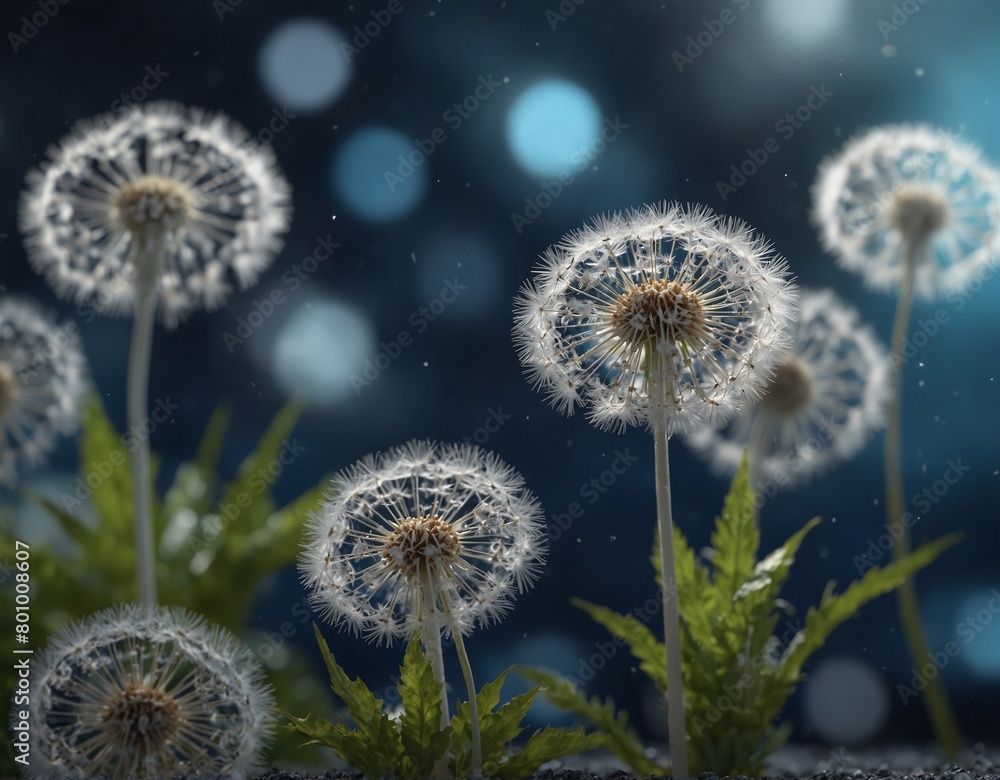 White light dandelions on a blue blurred background with bokeh White light dandelions on a blue blurred background with bokeh