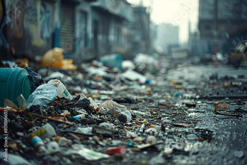 Trash-strewn street with plastic debris and dim lighting creating a somber urban scene