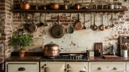 A rustic farmhouse kitchen with an antique cast iron stove copper pots