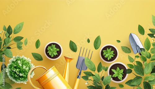 Garden and horticulture banner with text space, seedling, watering can and gardening tools