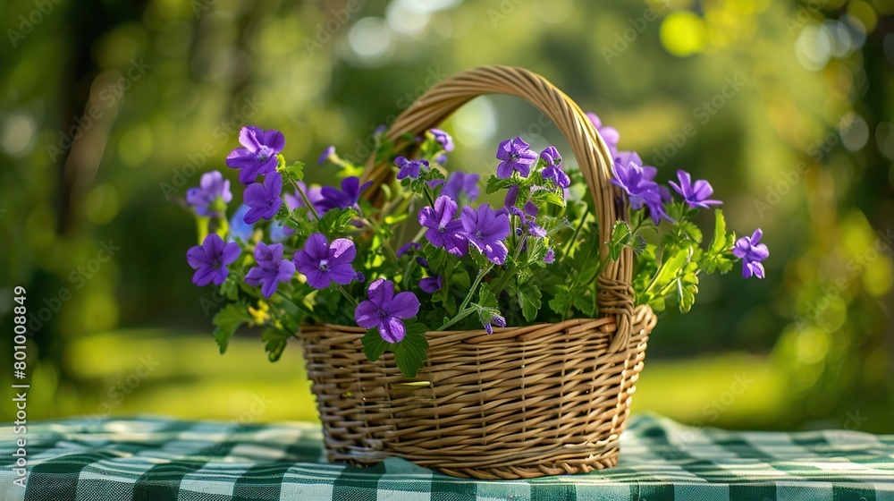 A wicker basket filled with purple flowers sits on a green and white checkered tablecloth. The background is blurred.