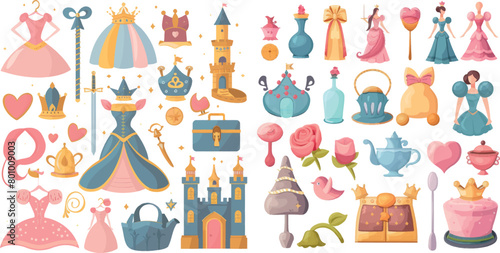 Princess icon set. Princess fairytale items