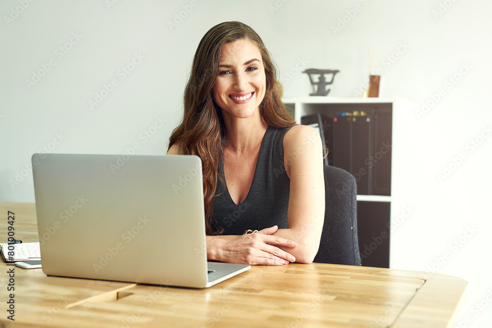 Portrait, woman and laptop in modern office for corporate career with notebook, check email and reading online news. Female consultant, notes and tech by desk for smile, connection and client advice Portrait, woman and laptop in modern office for corporate career with notebook, check email and reading online news. Female consultant, notes and tech by desk for smile, connection and client advice