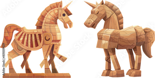 Trojan horse. Wooden scratch statue of ancient troy and history greece war, mythical monument trojans old horses