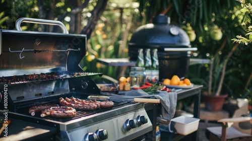An outdoor kitchen setup featuring a high-end grill with BBQ tools