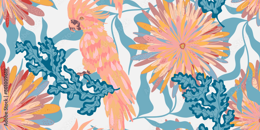 Stylized retro layered flowers and cockatoo parrot. Vector seamless overlapping pattern. Fantasy blooming flowers. Colorful tropical floral spring summer background. Stylized retro layered flowers and cockatoo parrot. Vector seamless overlapping pattern. Fantasy blooming flowers. Colorful tropical floral spring summer background.