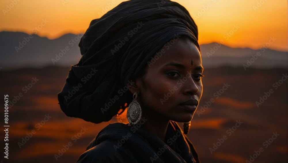 A striking image of a woman with an African head wrap against a sunset in the desert landscape A striking image of a woman with an African head wrap against a sunset in the desert landscape