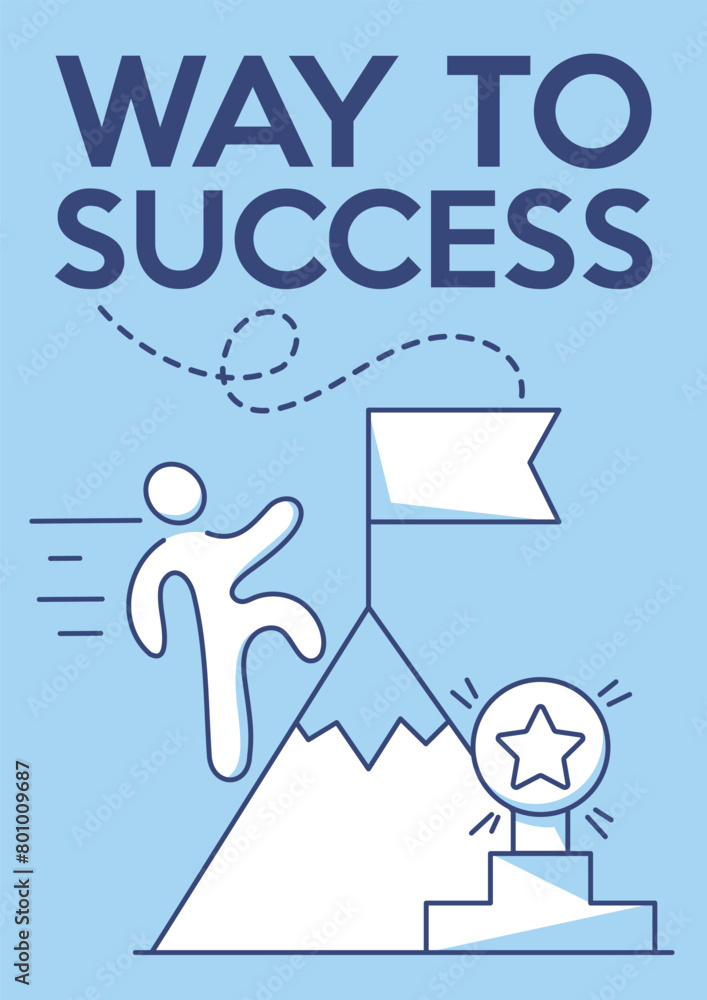 Man climbs to the top of the mountain for a reward. Career growth, professional development, way to success, business goals.Vector minimalist poster, a4 format. For banner, cover, web Man climbs to the top of the mountain for a reward. Career growth, professional development, way to success, business goals.Vector minimalist poster, a4 format. For banner, cover, web