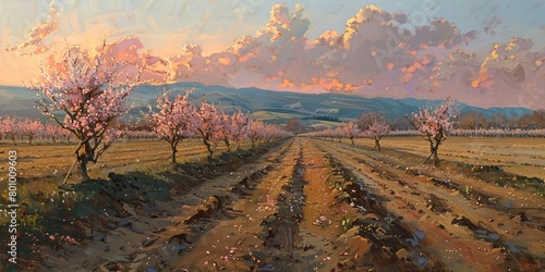 Blossoming almond trees lining a plowed field at dusk