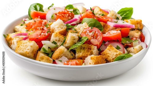 Panzanella salad, bowl of croutons with tomatoes and onions, crockery dieting vegetarian food slice organic