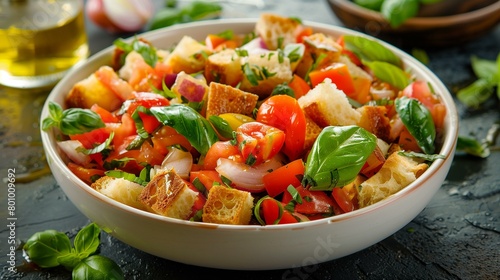 Panzanella salad with breadcrumbs and tomatoes, dieting table organic cooking snack