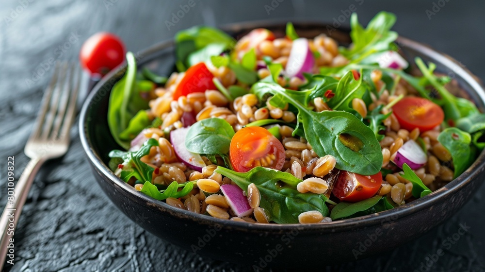 Farro salad, bowl of barley salad with tomatoes and spinach, crockery eating cherry tomato olive cooked Farro salad, bowl of barley salad with tomatoes and spinach, crockery eating cherry tomato olive cooked