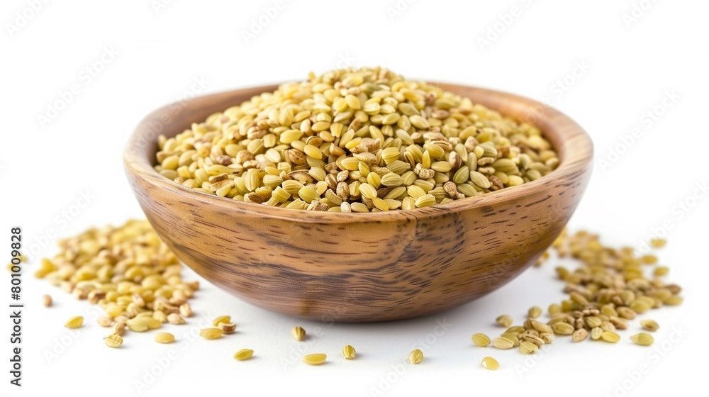 seeds in wooden bowl on white background, ingredient dieting spoon plant ripe seeds in wooden bowl on white background, ingredient dieting spoon plant ripe