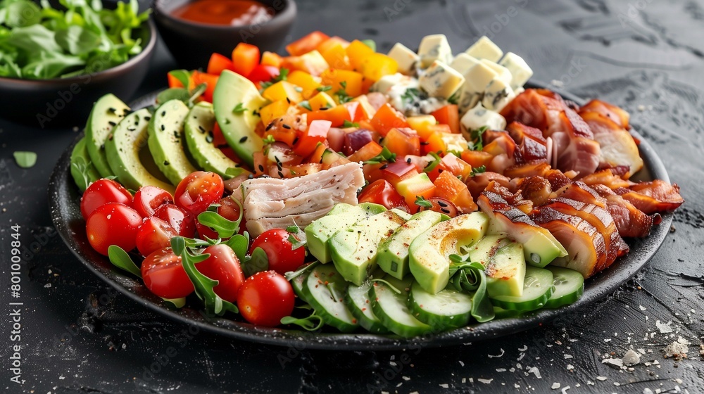 Cobb salad with bacon, avocado, tomatoes, cucumbers, and cheese on black plate, grill cooking dieting slice