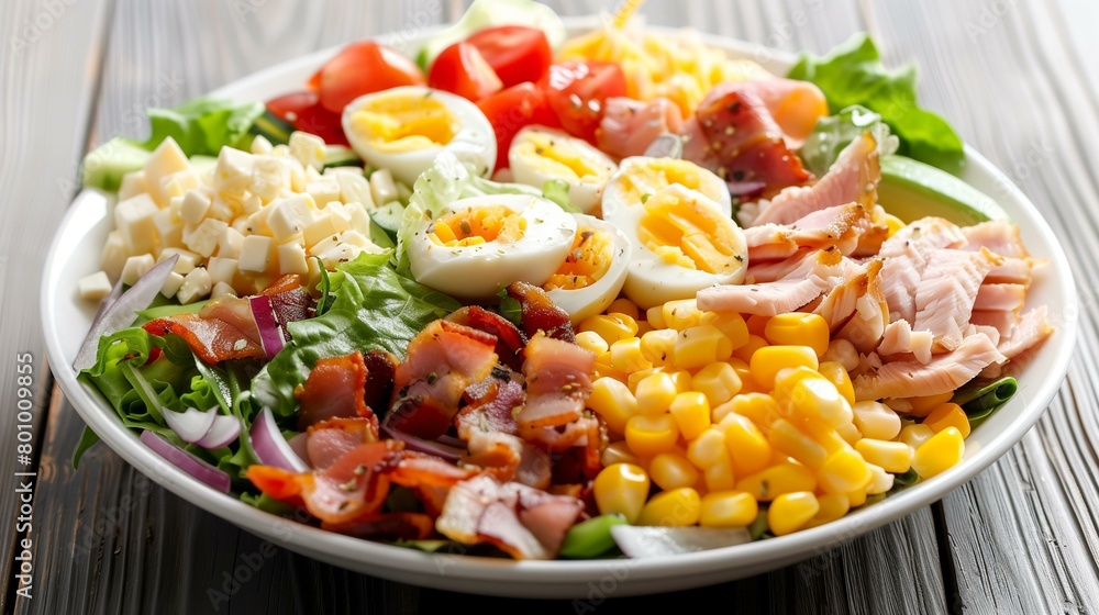 Cobb salad with bacon, corn, and eggs, appetizer crockery organic dieting