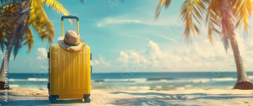 Yellow suitcase with travel accessories on a sandy beach Summer concept, holiday, travel, seaside