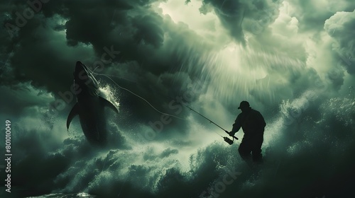 Fisherman Battles Giant Fish Amid Towering Storm Clouds and Turbulent Waters © doraclub