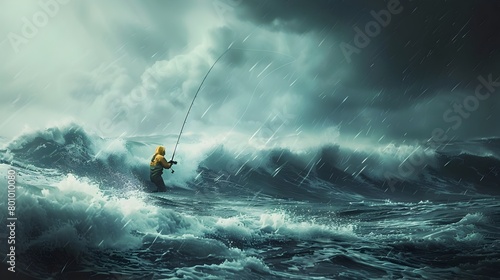 Skilled Fisherman Battling Treacherous Storm at Sea Reeling in a Mighty Catch Amidst Towering Waves and Torrential Rain photo