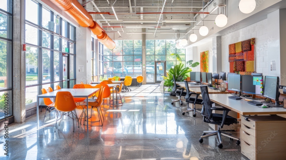 Unoccupied work environment with exposed ceiling, polished concrete ...